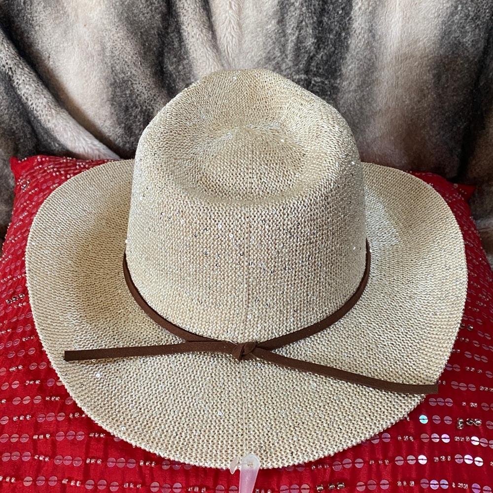 Designer Sparkling Nude Color Nude Sequins Cowboy Hat Adjustable Rim Interior - Picture 3 of 16
